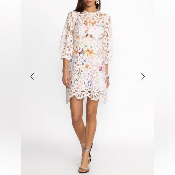 NWT Johnny Was Lisette Lace White Lace Mini Dress with Multicolor Lining size XS - Picture 1 of 12